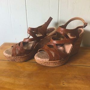BOC Born Concept Brygida Brown Leather Cork Platform Wedge Sandals Womens 7